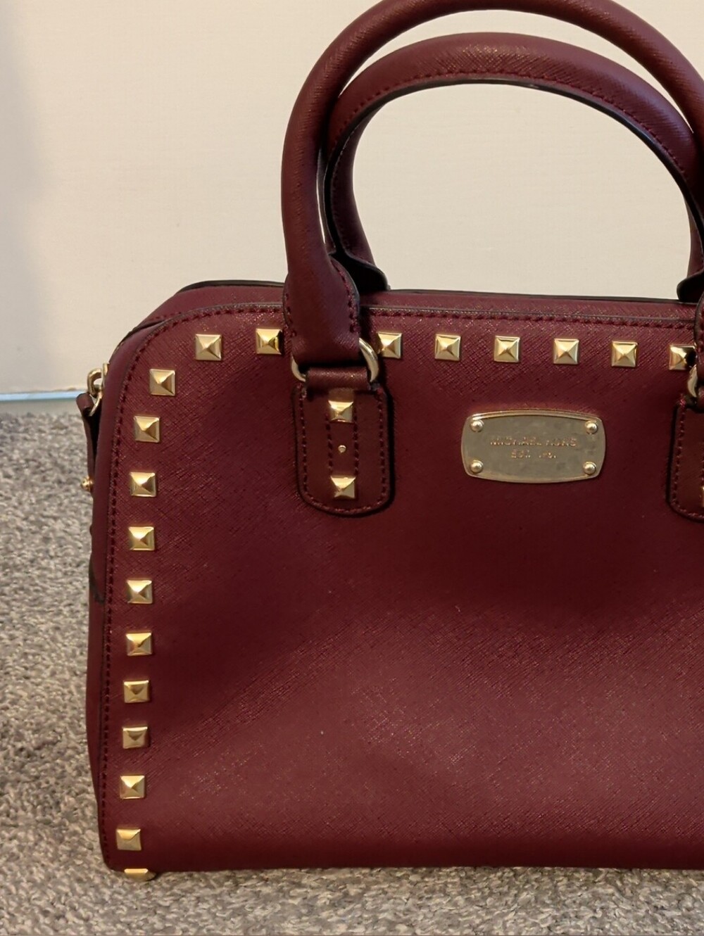 Michael Kors Wine Red Saffiano Leather Studded Satchel